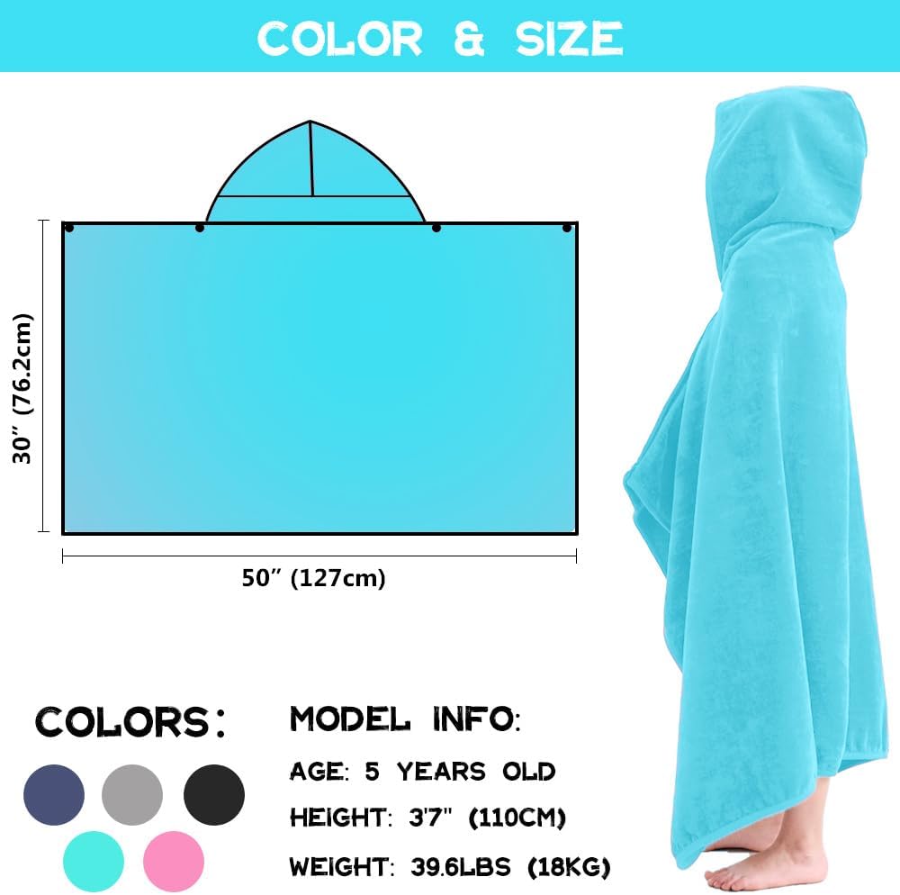 Hiturbo Kids Hooded Bath Towel: 100% Cotton Soft Thick Absorbent Towels Wrap - 50"x30" Shower Beach Pool Wearable Blanket for 3-12 Yrs Boys Girls - Blue