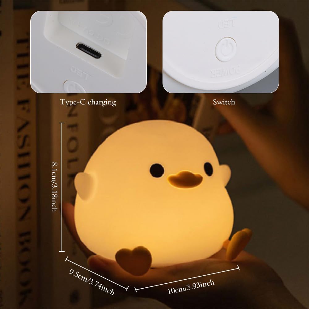 DoDo Duck Night Light, LED Cute Silicone Dimmable Nursery Lamp, Rechargeable USB-C Bedside Touch Sensor Lamp, RGB & Warm White Light for Kids, Bedrooms, Dorm Decor, and Gift Ideas(Charging)