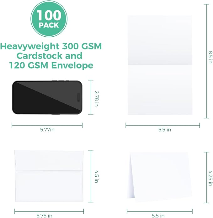 Ohuhu A2 Blank White Cards and Self-Seal Envelopes 100 Pack