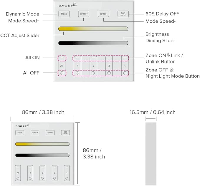 BTF-LIGHTING Wireless 2.4G RF 4 Zone Single Color Wall Mounted Smart Panel Remote Powered by 2XAAA Batteries 3V Work with WB5 LM052 LM053 C01RF C02RF C01W C02W etc PWM Controller