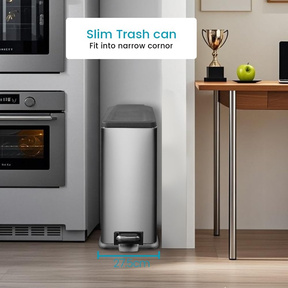 12 Gallon Trash Can with Lid，45L Kitchen Garbage Can,Stainless Steel Trash Can for Narrow Spaces with Soft-Close Lid, Inner Bucket, and Step-on Pedal