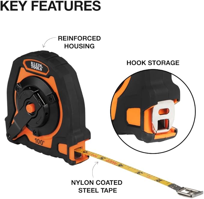 Klein Tools 94100CR Closed Reel Long Tape Measure, 100-Foot Nylon Coated Blade