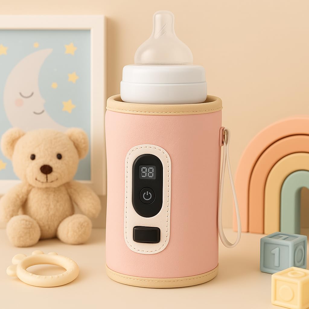 Travel Baby Bottle Warmer with USB for Girls – Digital Display, Adjustable Heating, Insulated Portable Sleeve for Warming Milk, Formula & More – Great for Car Trips, Strollers & On-The-Go Feeding