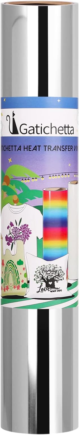Gatichetta Silver Heat Transfer Vinyl Roll, Metallic Foil Iron On Vinyl 12" X