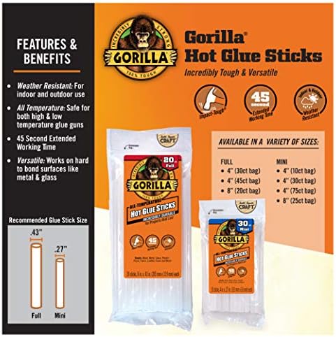 Gorilla Hot Glue Sticks, Full Size, Bonds: Wood, and More
