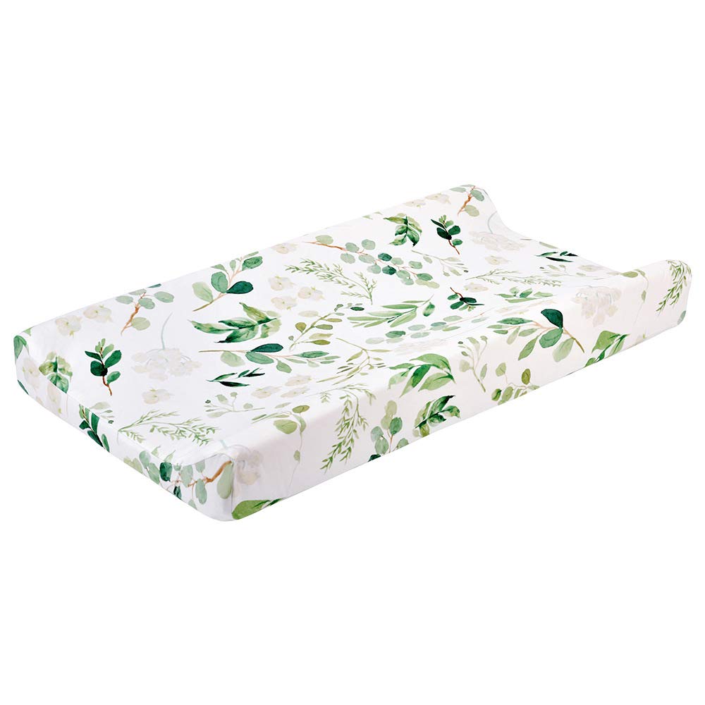 Stretchy Changing Pad Cover – Ultra Soft Diaper Changing Pad Table Sheets for Girls Boys Pure Cotton Safe and Snug Cradle Sheets Machine Washable Fit 32"/34'' x 16"Pad (Green Leaf + Flower)…