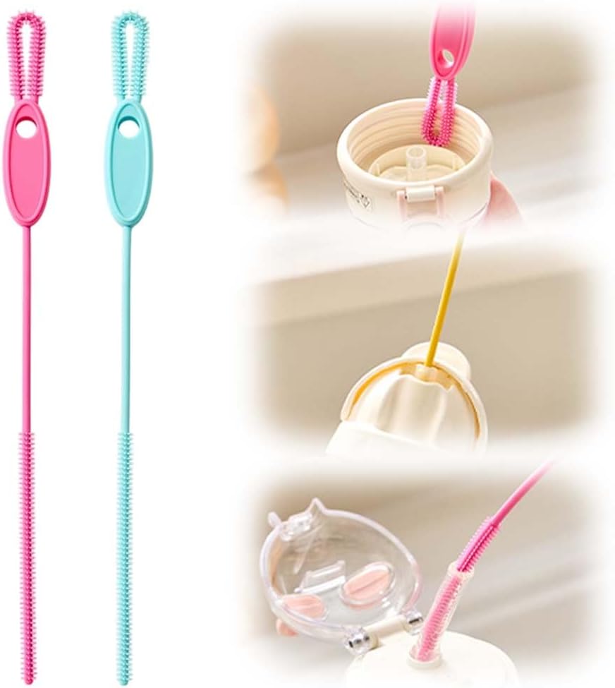 Extra Long Straw Cleaner Brush, Reusable Soft Silicone Cleaning Brush for Tumbler Lid Crevices, Glass Metal Smoothie Straws with Non Slip Handle (Pink + Blue)