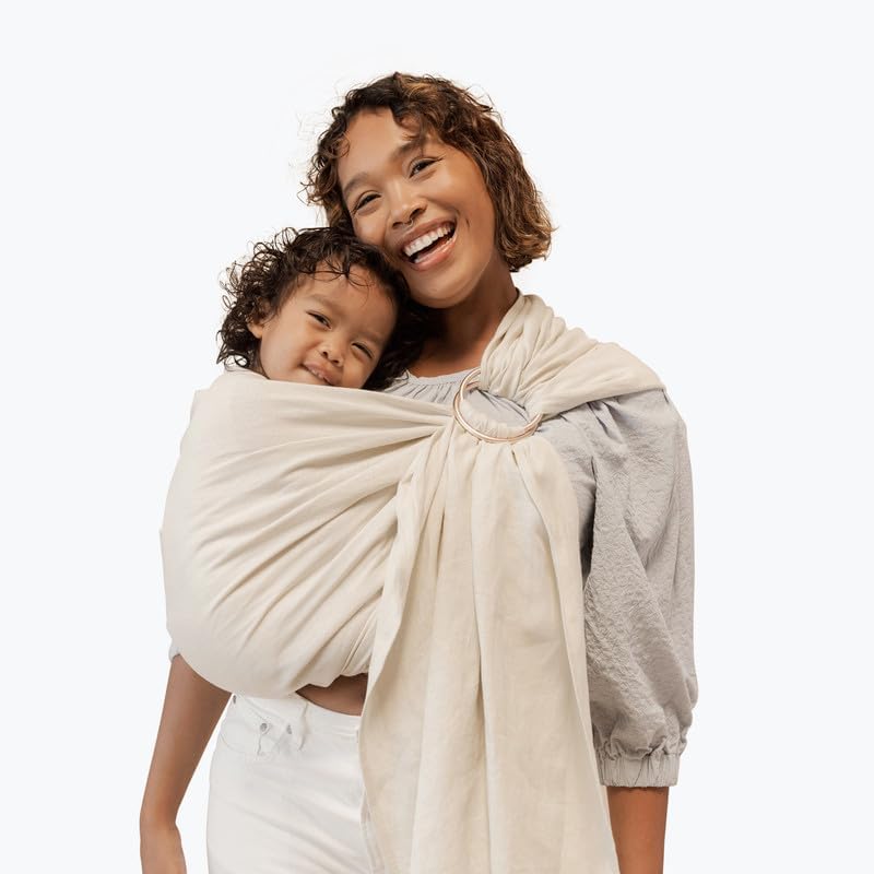 WildBird - Ring Sling Baby Carrier - Newborn to Up to 35 lbs - for Moms, Dads & Caregivers - 100% Natural European Linen Fibers - Versatile & Adjustable - 90” Size - Sparrow Fabric & Black Ring