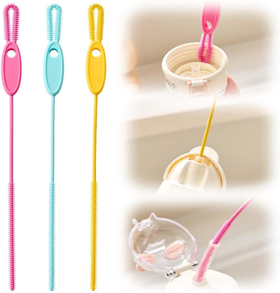 Extra Long Straw Cleaner Brush, Reusable Soft Silicone Cleaning Brush for Tumbler Lid Crevices, Glass Metal Smoothie Straws with Non Slip Handle (Pin + Yellow + Blue)