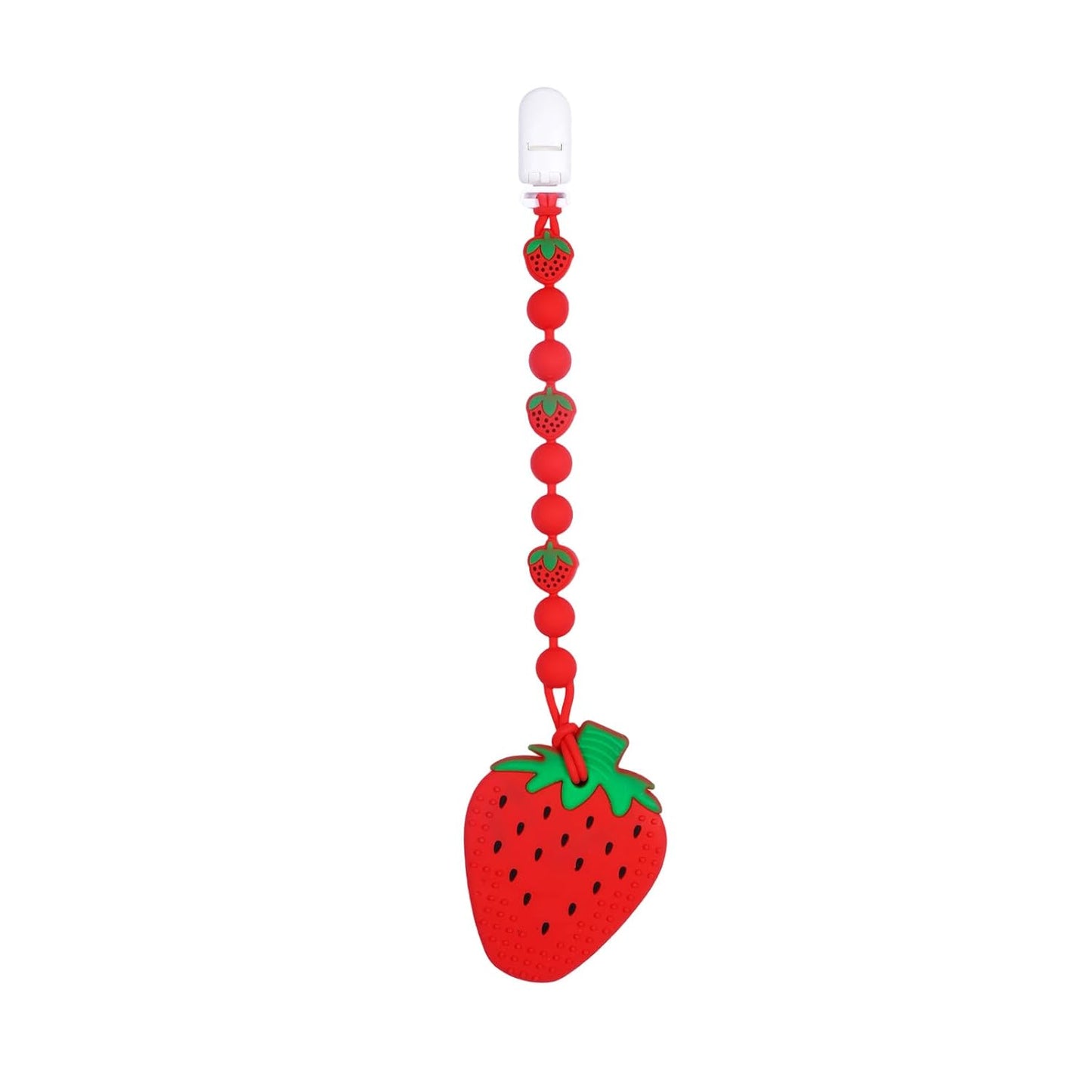 Cute Animal Baby Food Grade Silicone Teether Toy with One Piece Design Pacifier Clip Holder,Teething Pain Relief Toys Gift Set for 3 Months+ Boys and Girls,Freezer Safe,BPA Free (Strawberry)