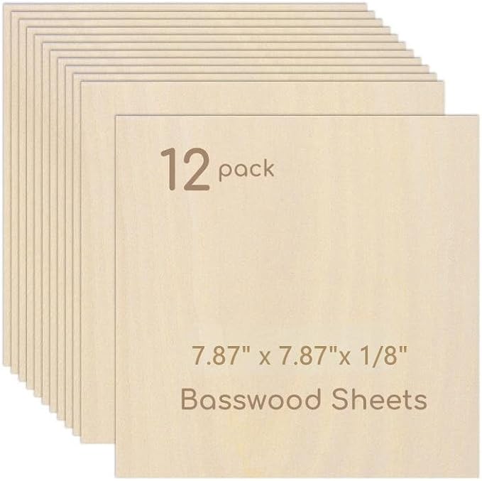 12 Pack Plywood Sheets, 7.87" x 7.87"x 1/8" Basswood Sheets | 3mm Basswood