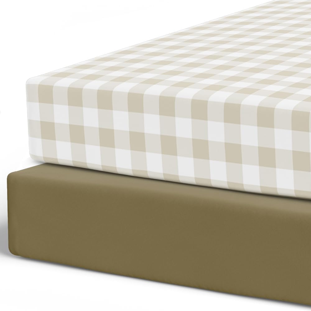 Pobibaby – 2 Pack Crib Sheets for Boys, Premium Fitted Baby Boy Crib Sheets for Standard Crib Mattress – Ultra-Soft Jersey Knit, Safe and Snug, Stylish Design (Gingham Khaki)