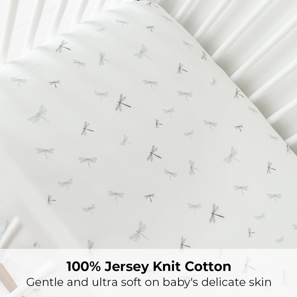Ely’s & Co. Crib Sheets, Baby Boy Fitted Crib Mattress Sheet Set, 2 Pack, 100% Jersey Knit Cotton, Infant and Toddler Nursery Bedding, 28” x 52” Dragonflies + Stripes Collection