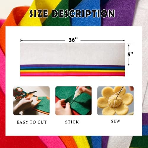 Rainbow 8 Assorted Soft Felt Sheets Fabric, Each 8'' x 36'' 1.6mm Thick | Long