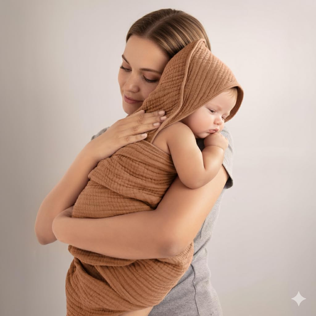 Muslin Hooded Baby Towels for Newborns, 32"x32", 100% Cotton – 6 Layers Super Soft Absorbent Breathable, Baby Bath Towel, Toddler Bath Towel – Pack of 2