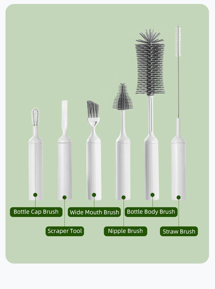 6-in-1 Bottle Brush Set with Holder – Multipurpose Cleaning Kit for Baby Bottles, Reusable Water Bottles, Straws, and Lids – BPA-Free, Compact Storage