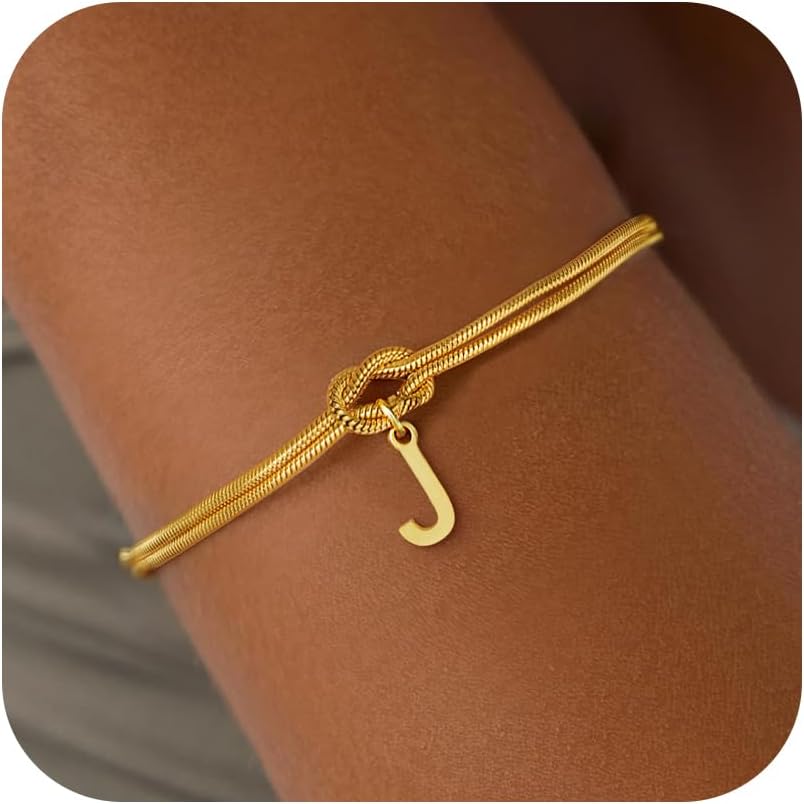 Stocking Stuffers for Teen Girls - 18K Gold Plated Love Knot Initial Bracelets for Women Friends Bridesmaid Gifts Dainty Gold Bracelets Birthday Christmas Gifts for Teens Women