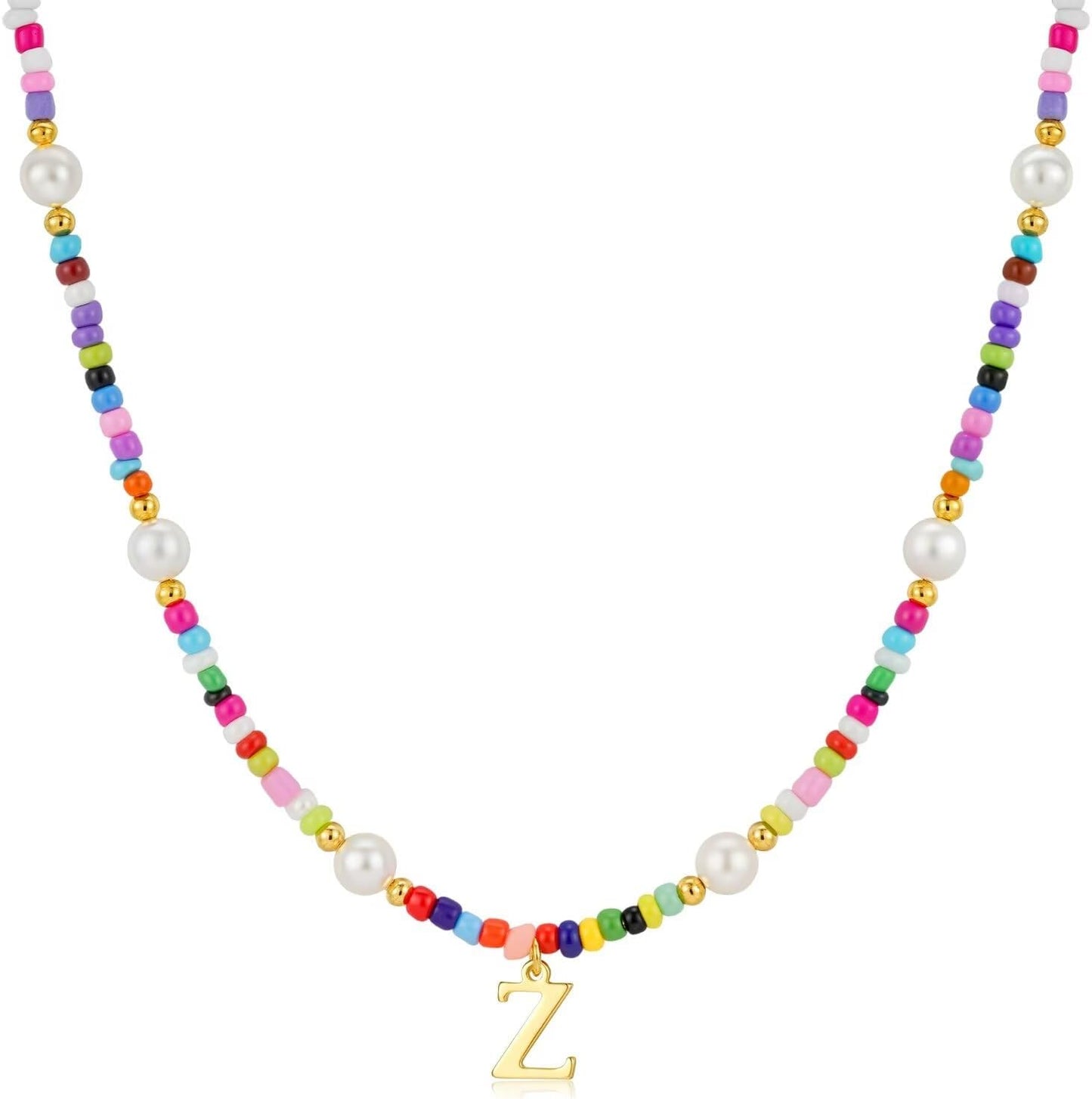 M MOOHAM Colorful Initial Necklaces for Girls Women Kids - Christmas Stocking Stuffers Beaded Pearl Choker Necklace for Women Teen Girl Gifts Trendy Personalized Letter Birthday Gifts Kids Jewelry