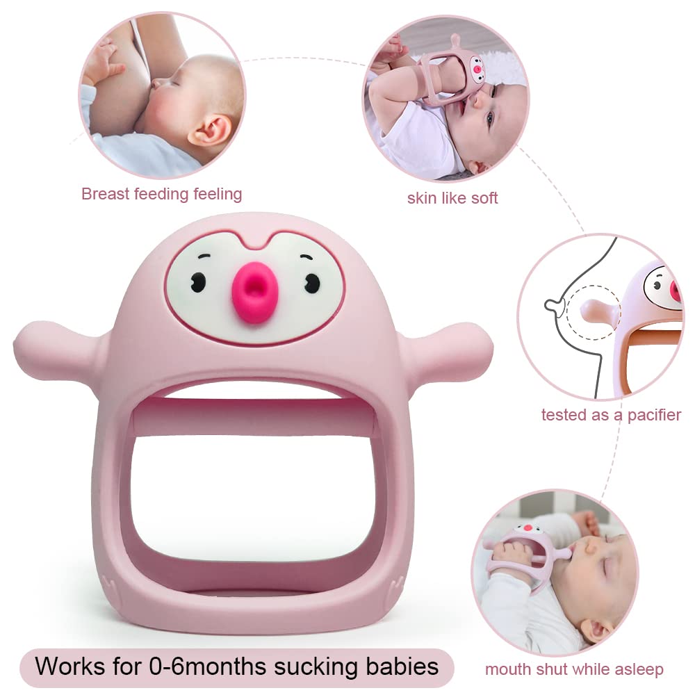 Smily Mia 2pack Penguin Teether for Babies 0-6Month, Infant Teething Toys,Pacifiers for Breastfed Babies, Silicone Teething Mittens for 3-6Months, Perfect Shower Gift+Baby Registry, Pink&Purple