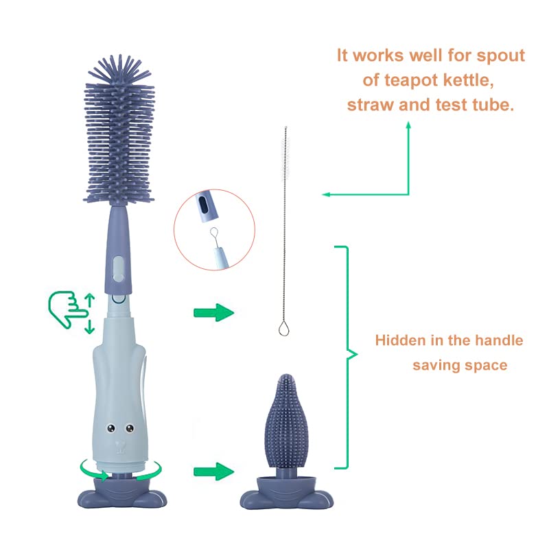 Chemimoso Cup Cleaning Brush, Silicone Baby Bottle Brush with Stand, Large Handle Water Bottle Brush Cleaner Set, with a Tiny Cup Lid Gap Cleaning Brush, Cup Lid Cleaner Brushes Kit, Green