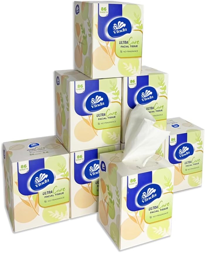 Vinda 3-Ply Ultra Care Facial Tissues, 86 Count Each Box, 8 Cube Boxes
