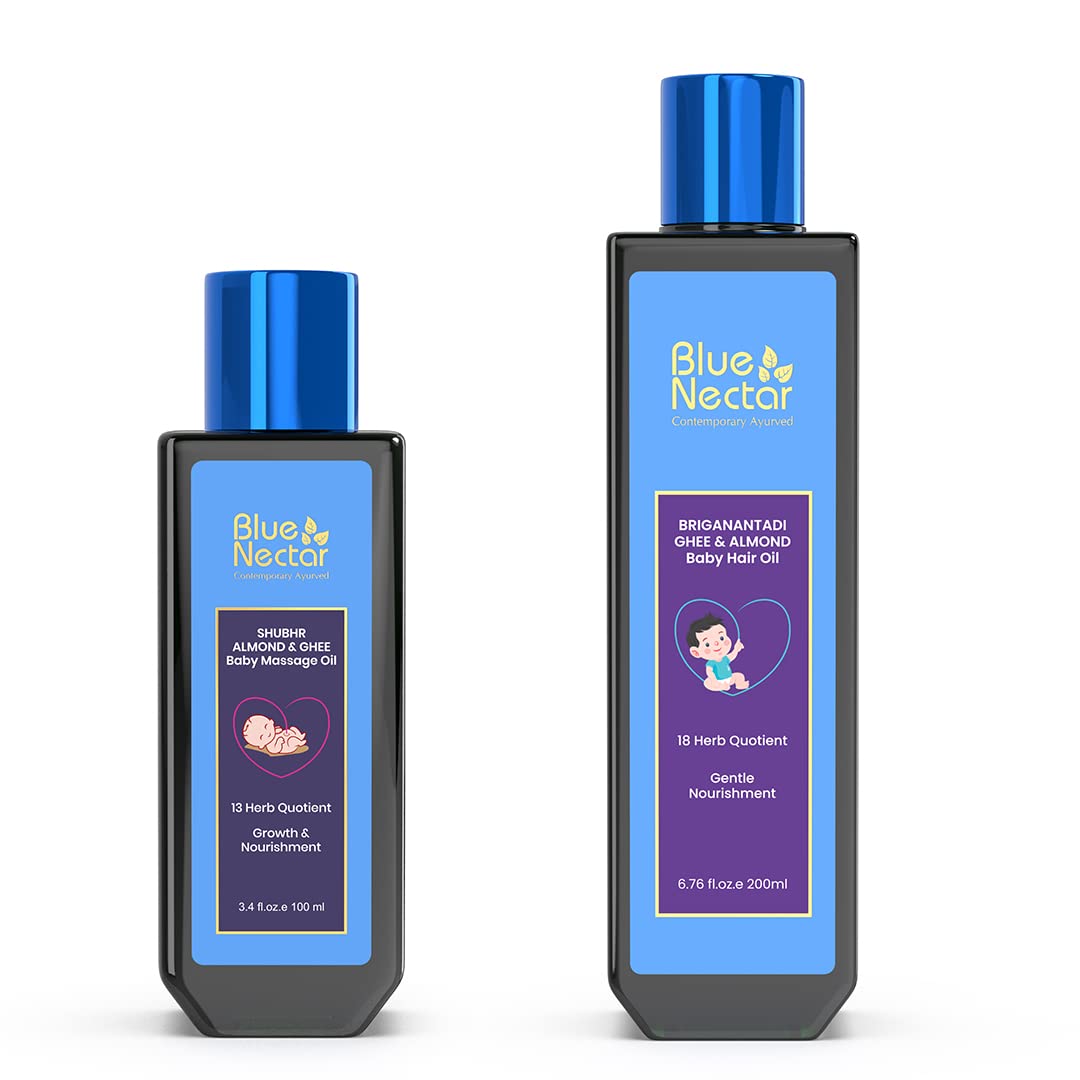 Blue Nectar Gentle Baby Oil for Newborn Skin Care-Moisturizing Baby Massage Oil (3.38 Fl Oz) Paired with Baby Hair Oil with Organic Ghee, Almond Oil, Coconut Oil (6.76Fl Oz)