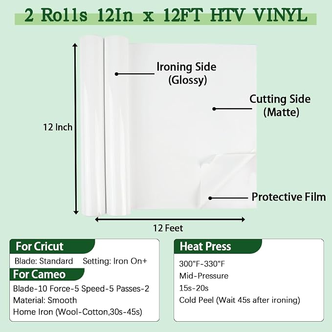 guangyintong White Heat Transfer Vinyl HTV Rolls, 2 Rolls 12" x 12ft White Iron