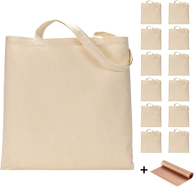 FunisFun 12 Pack Blank Canvas Tote Bags, Reusable Grocery Bag