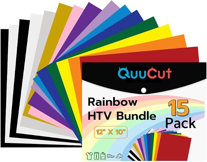 QuuCut Heat Transfer Vinyl Bundle: 15 Pack 12" x 10" Sheets, Rainbow HTV