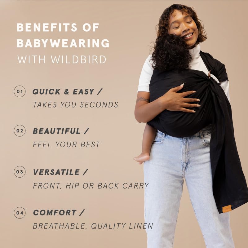 WildBird - Ring Sling Baby Carrier - Newborn to Up to 35 lbs - for Moms, Dads & Caregivers - 100% Natural European Linen Fibers - Versatile & Adjustable - 74” Size - Raven Fabric & Gold Ring