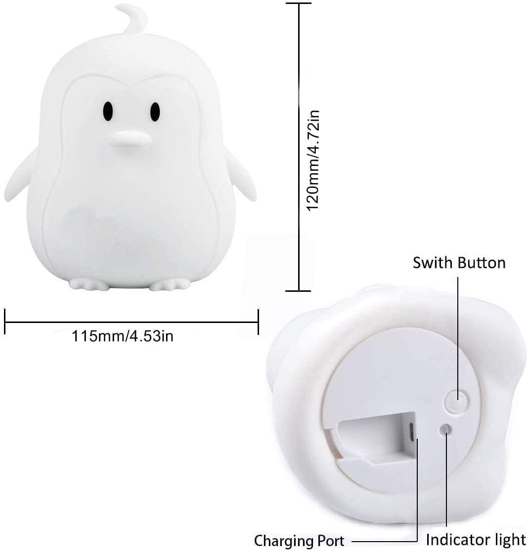 Night Light, LED Cute Silicone Lamp Bedside Lamp, Animal Light - 9 Colors Changing/USB Rechargeable/Remote Control/Dimmable Children Night Light for Kids/Bedroom/Baby Feeding - Medium Penguin