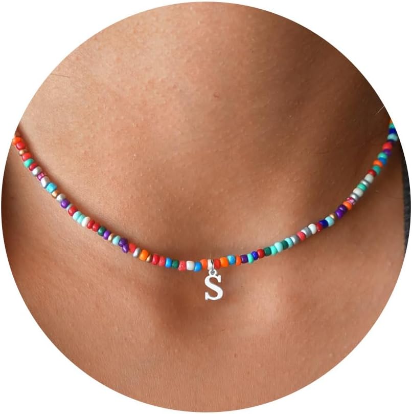 Yoosteel Christmas Gifts for Grandkids Teen Girls - Colorful Beaded Initial Necklace for Girls Kids Jewelry A-Z Letter Choker Necklace Birthday Gifts Stocking Stuffers for Teen Girl Women Kids Toddler