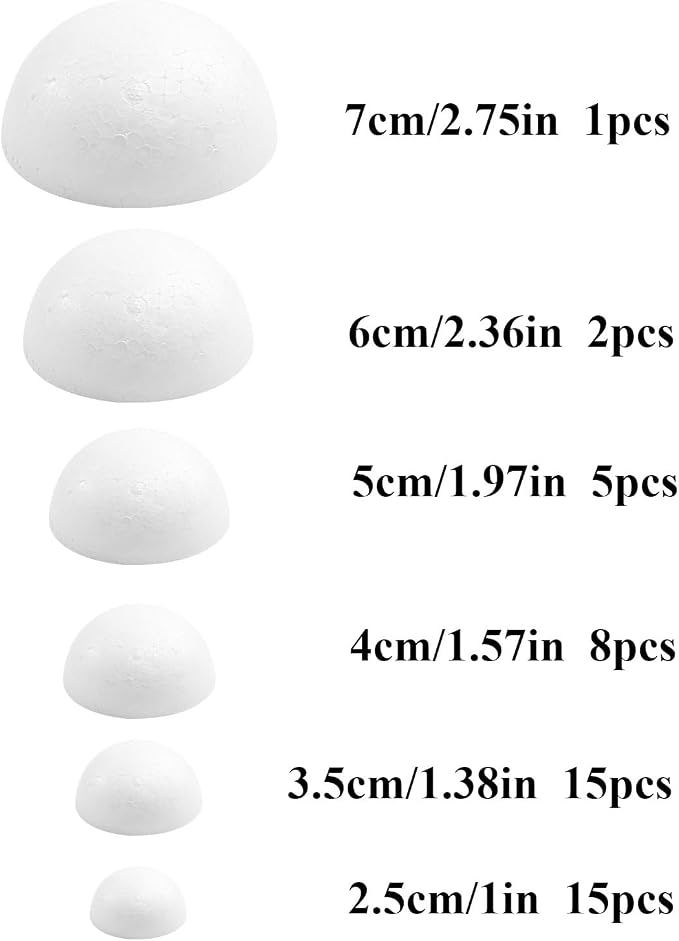 Craft Half Foam Balls 45 Pack 6 Sizes White Polystyrene Half Round Balls Smooth