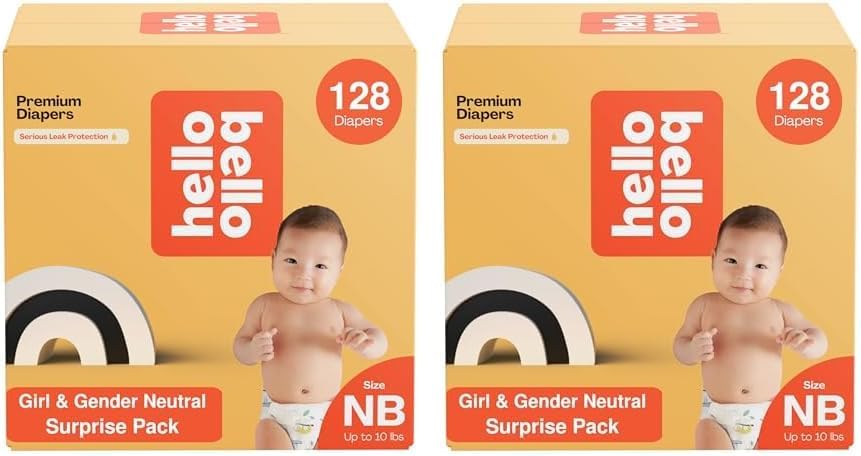 Hello Bello Premium Diapers, Size NB (Up to 10 lbs) Surprise Pack for Girls - 128 Count, Hypoallergenic with Soft, Cloth-Like Feel - Assorted Girl & Gender Neutral Patterns (Pack of 2)