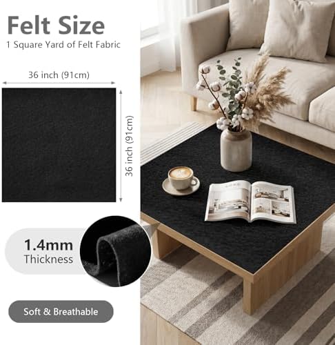 Black Soft Felt Fabric 36'' X 36'', 1.4mm Large Felt Sheet | Durable Nonwoven