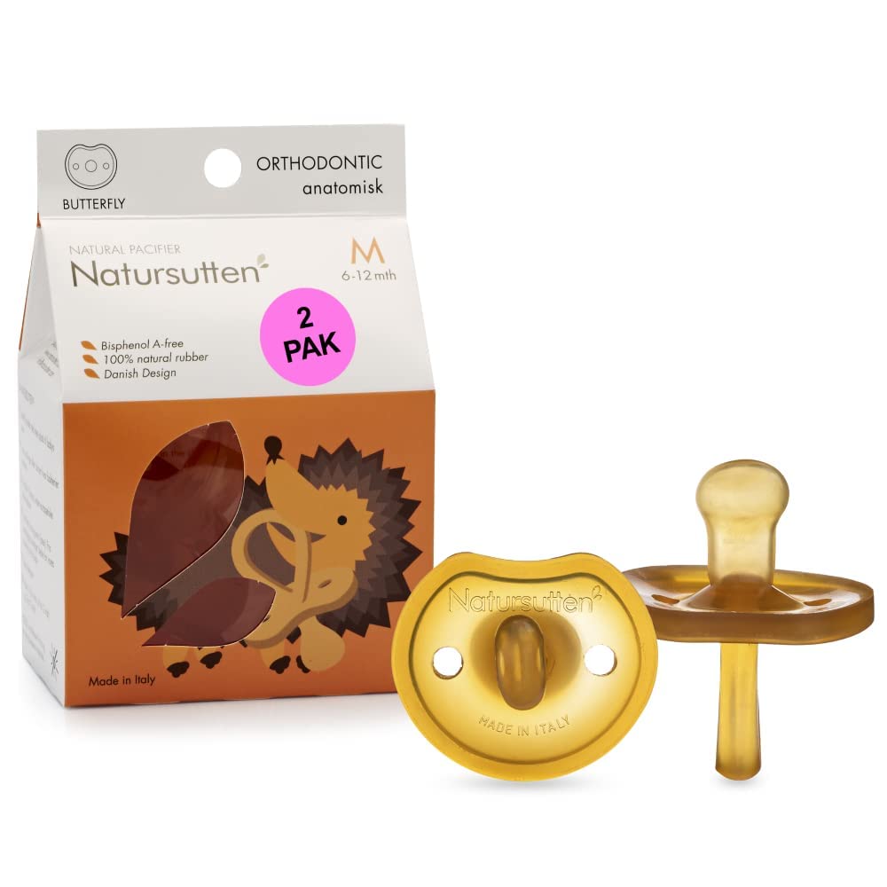 Natursutten Pacifiers 6-12 Months - 2-Pack Butterfly Shield Orthodontic Nipple Natural Rubber Safe & Soft BPA-Free Pacifier for Breastfeeding Babies - Newborn Pacifiers Made in Italy