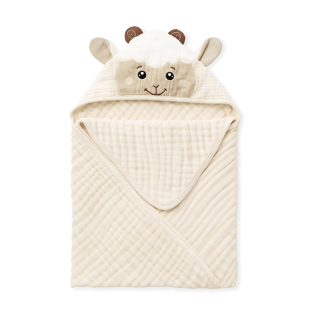 Blissful Diary Muslin Baby Hooded Towel 1 Pack, Soft & Absorbent Bath Towel for Infant, Toddler, Unisex, Baby Gift, Newborn Essentials, Gentle Lamb