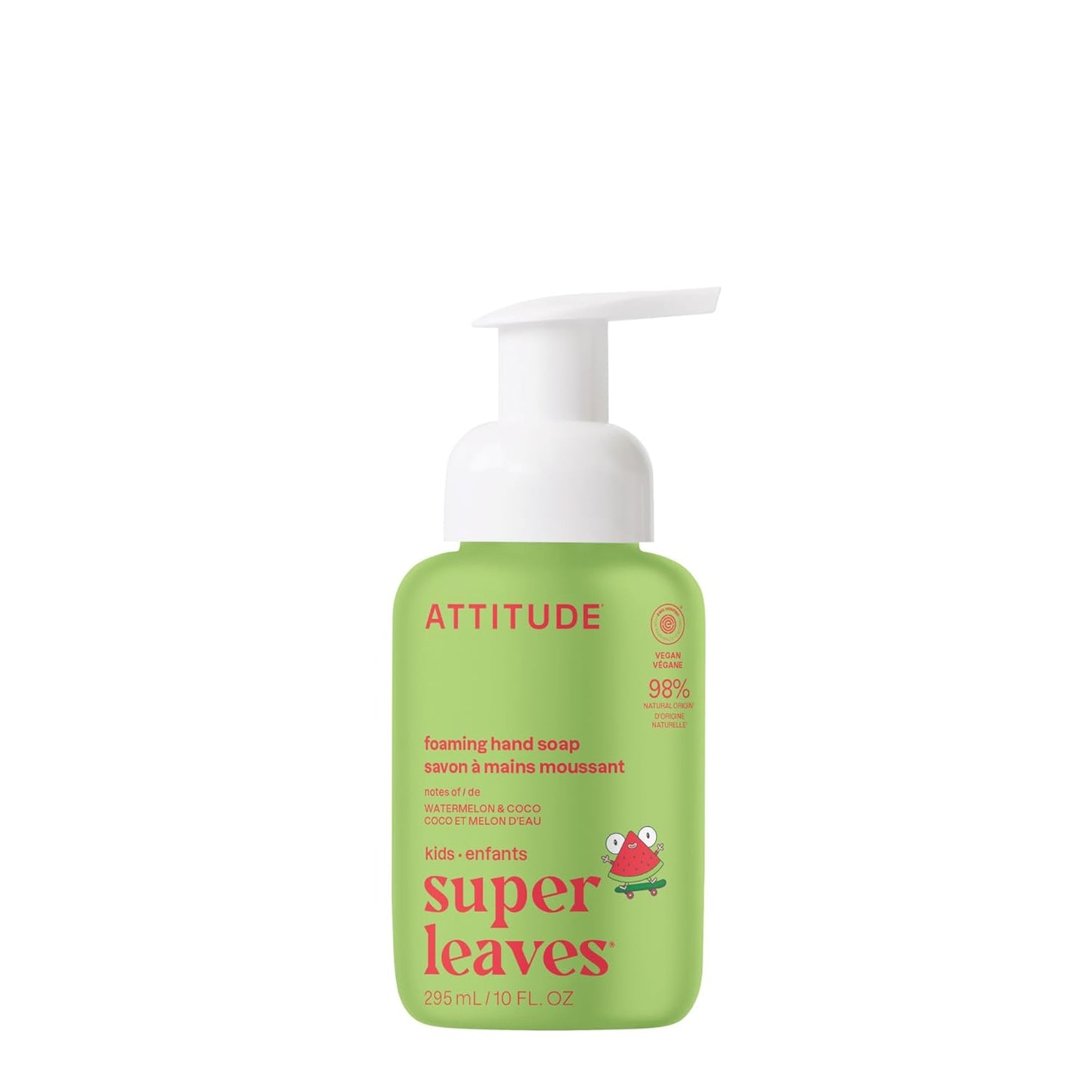 ATTITUDE Foaming Hand Soap for Kids, EWG Verified, Dermatologically Tested, Plant- and Mineral-Based Ingredients, Vegan, Watermelon & Coco, 10 Fl Oz