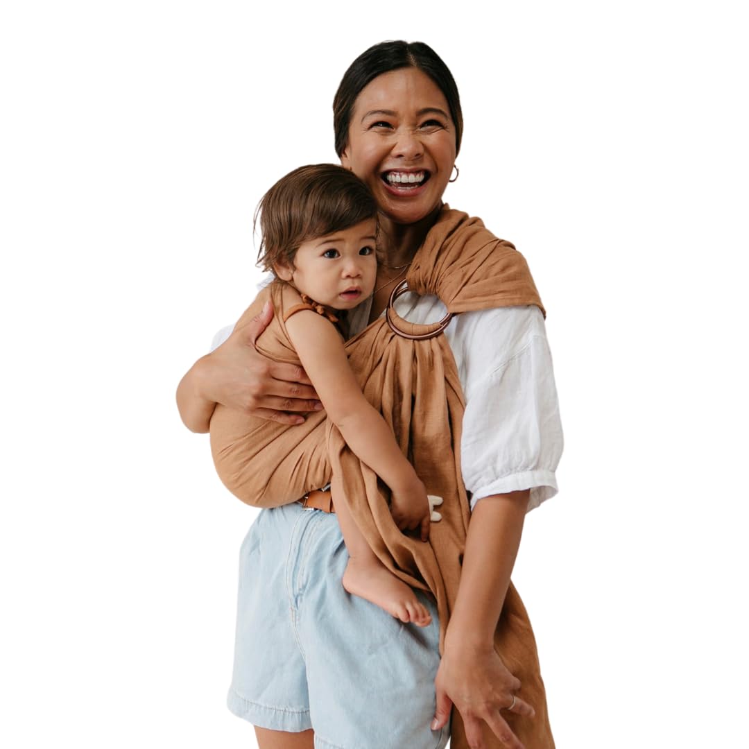 WildBird - Ring Sling Baby Carrier - Newborn to Up to 35 lbs - for Moms, Dads & Caregivers - 100% Natural European Linen Fibers - Versatile & Adjustable - 74” Size - Willow Fabric & Gold Ring