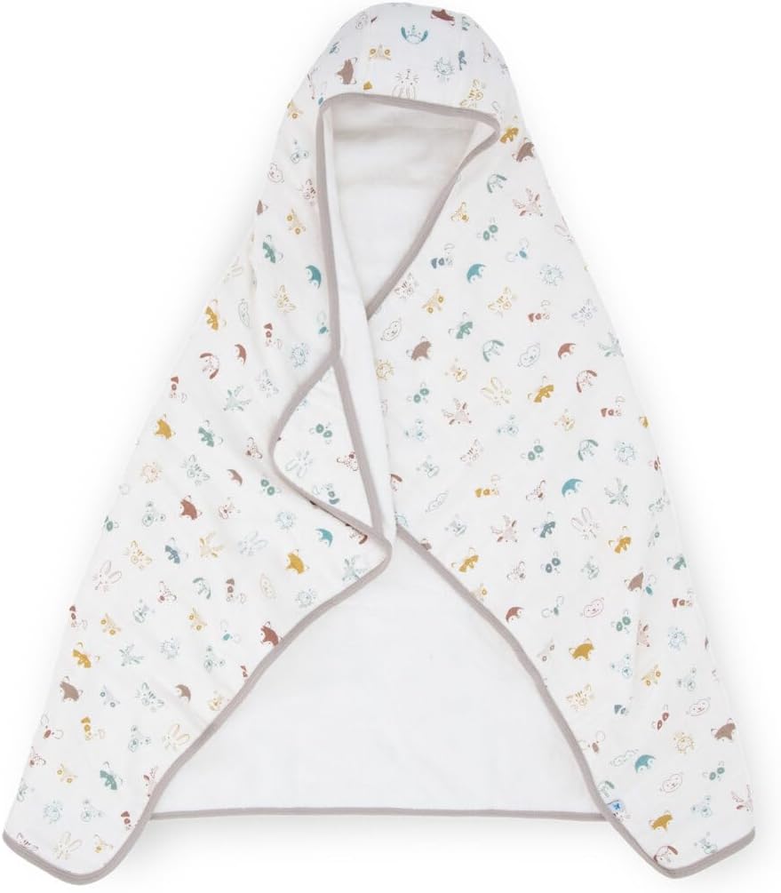 Little Unicorn Premium Hooded Bath Towel| Absorbent Cotton & Terry Blend | Larger Size, 1-6 Years (Animal Crowd)
