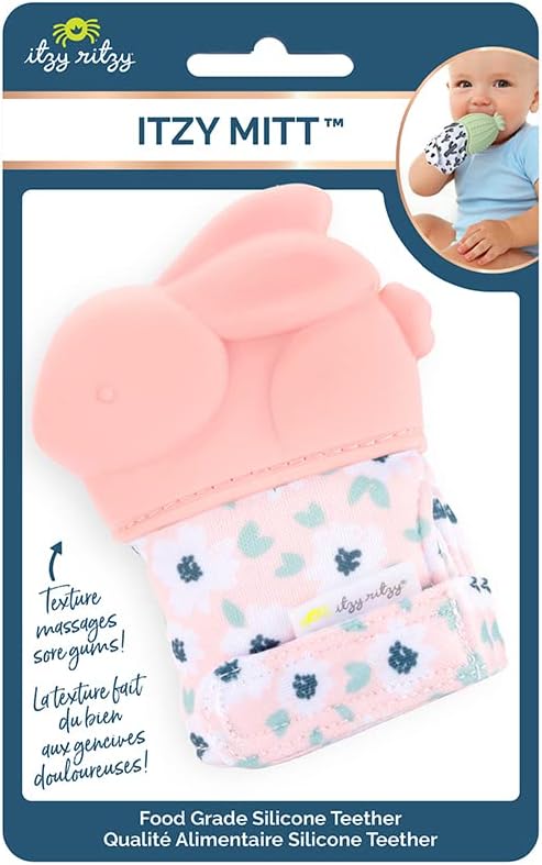 Itzy Ritzy Silicone Teething Mitt - Soothing Infant Teething Mitten with Adjustable Strap, Crinkle Sound & Textured Silicone to Soothe Sore & Swollen Gums - for Ages 3 Months & Up (Bunny)