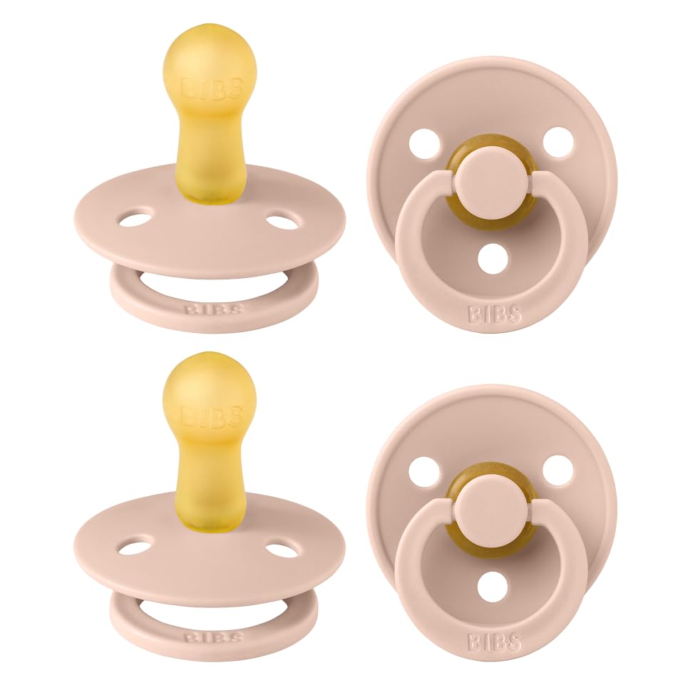 BIBS Pacifiers - Colour 4-Pack | BPA Free Baby Pacifier | Round Nipple Binkies | Natural Rubber Latex Soother | Made in Denmark | Size 6-18 Months | Blush