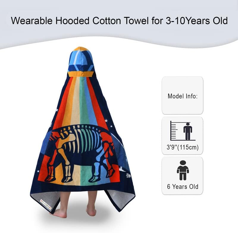 VOOVA & MOVAS Toddler Bath Towel with Hood for Kids Age 3-10, 30''X50, Soft | Thick | Absorbent Cotton Wrap Blanket, Beach, Pool, Swim | Bath Use, Dinosaur Under The UFO