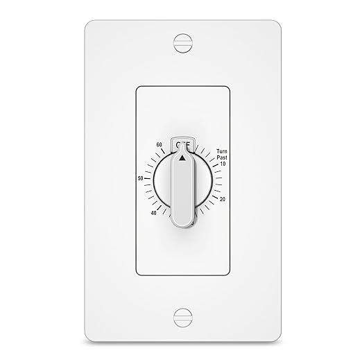 HBN 60 Minute Spring Wound Countdown Timer Switch for Bathroom Exhaust Fan, in-Wall Mechanical Light Switch Timer, No Neutral Required, Wall Plate Included, ETL Listed