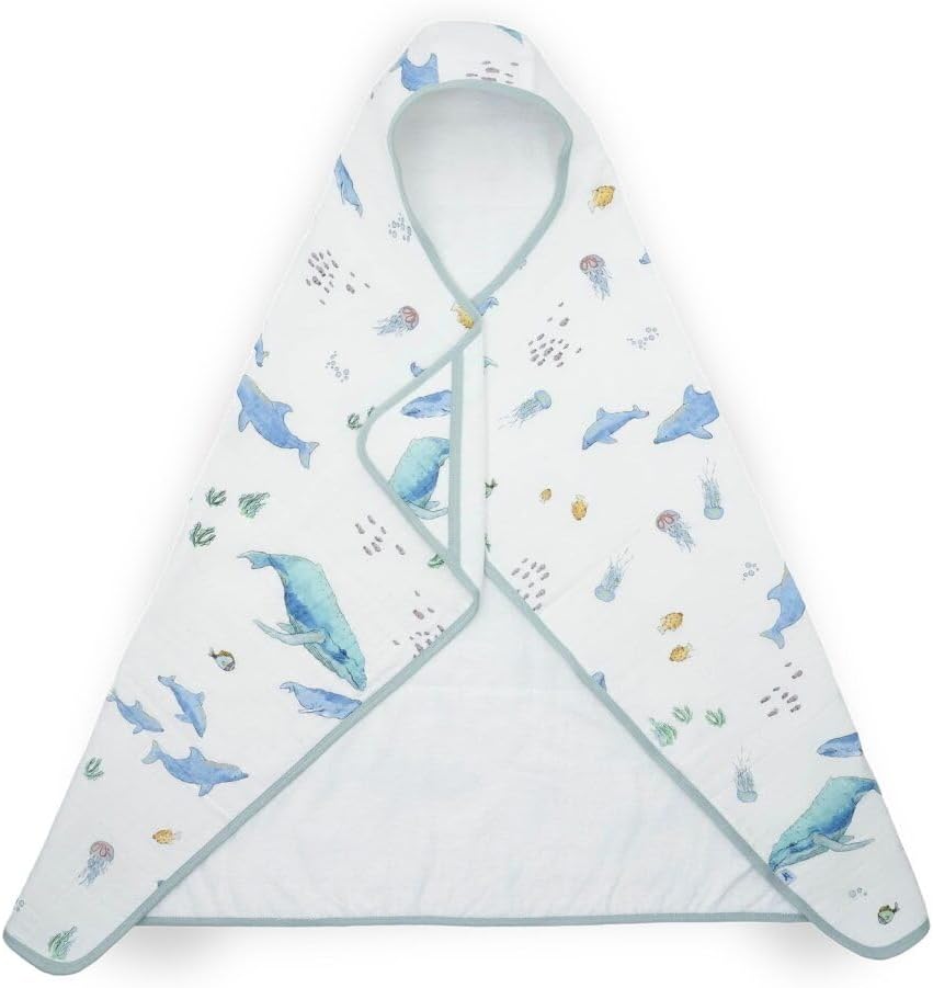 Little Unicorn Premium Hooded Bath Towel| Absorbent Cotton & Terry Blend | Larger Size, 1-6 Years (Whales)