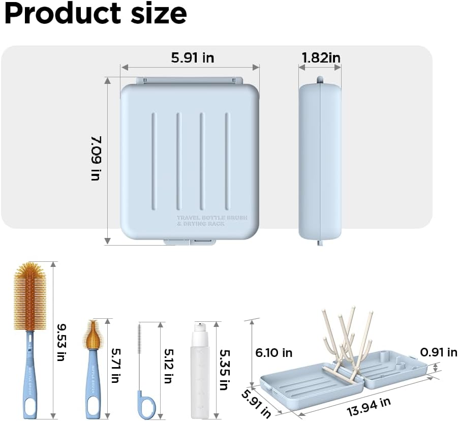YOTIME Travel Bottle Brush, Travel Bottle Cleaner Kit with Foldable Bottle Drying Rack, for Visit Friends and Relations, Baby Travel Essentials, BPA Free, Blue