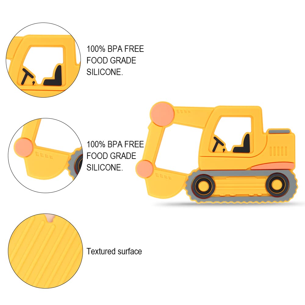 Baby Silicone Teether,Sensory Chew Toys,BPA Free Soft and Effective Infant Teething Pain Relief Toys,Freezer Safe,Food Grade Silicone,Best Shower Gift for Boys and Girls (Yellow Excavator)