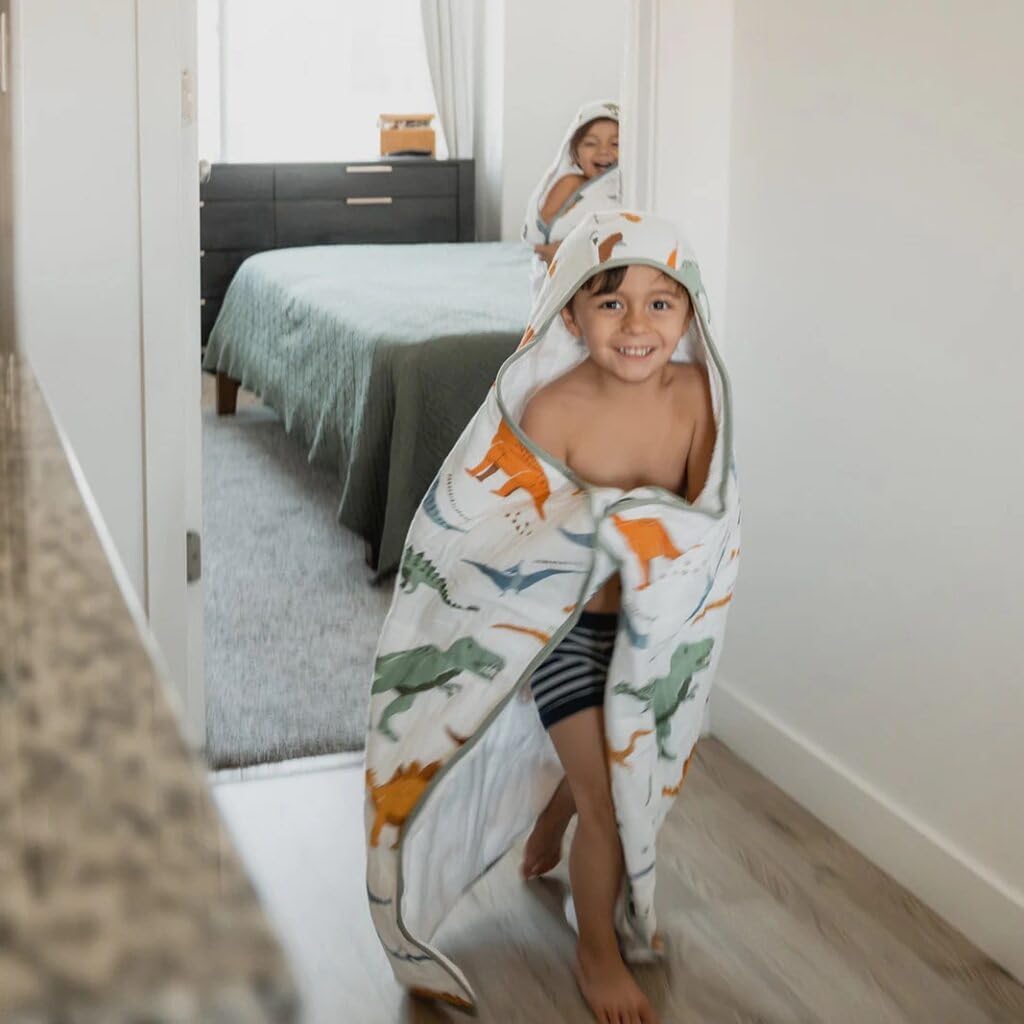 Little Unicorn Premium Hooded Bath Towel| Absorbent Cotton & Terry Blend | Larger Size, 1-6 Years (Dino Names)