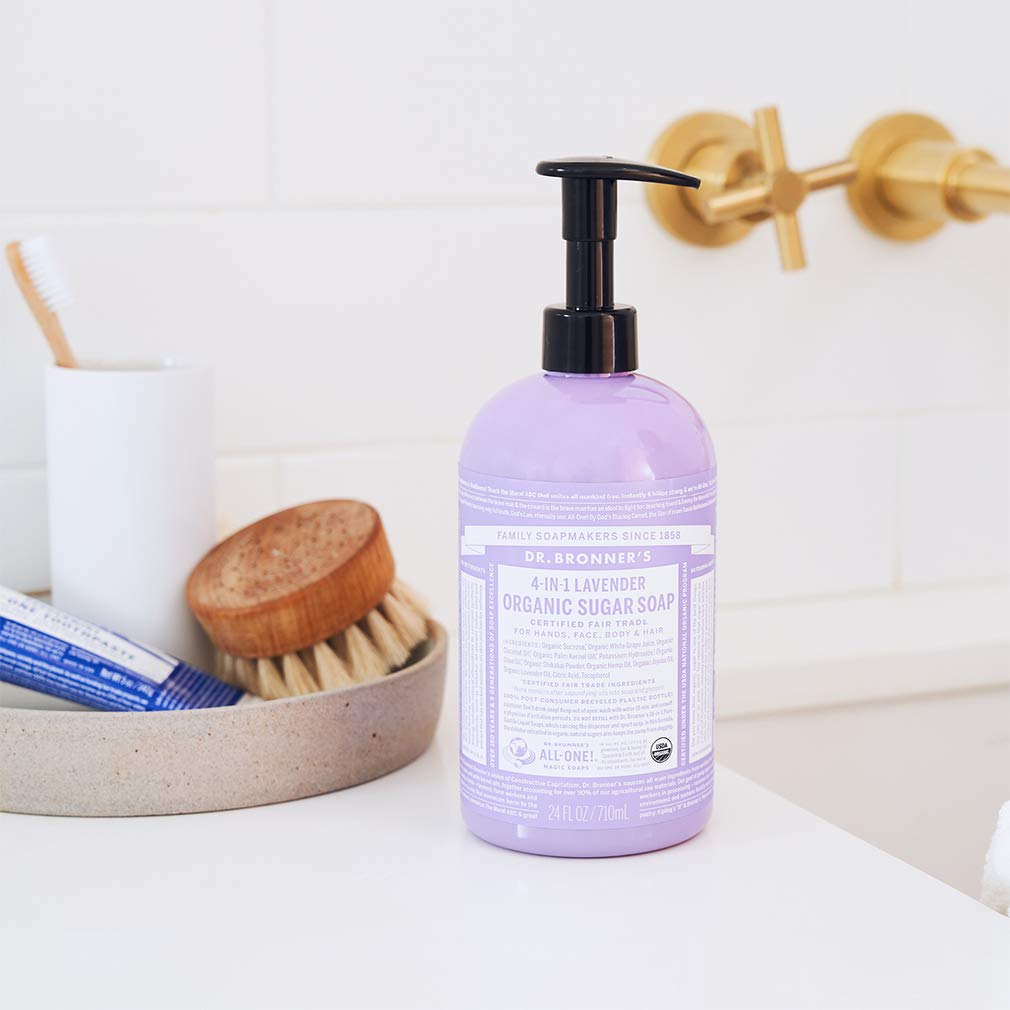Dr. Bronner's - Organic Sugar Soap (Lavender, 24 Ounce) - Made with Organic Oils, Sugar and Shikakai Powder, 4-in-1 Uses: Hands, Body, Face and Hair, Cleanses, Moisturizes and Nourishes, Vegan