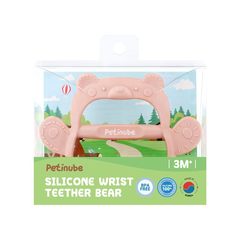 Baby Wrist Silicone Teether Soothing Pacifier for Infants 3+ Months Babies Made in Korea Anti-Dropping (Bear-Pale Peach Pack of 1)